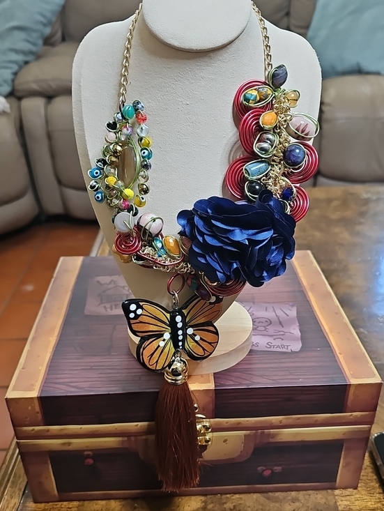 Jewelry - Statement Floral & Butterfly Pendant Necklace - Blue